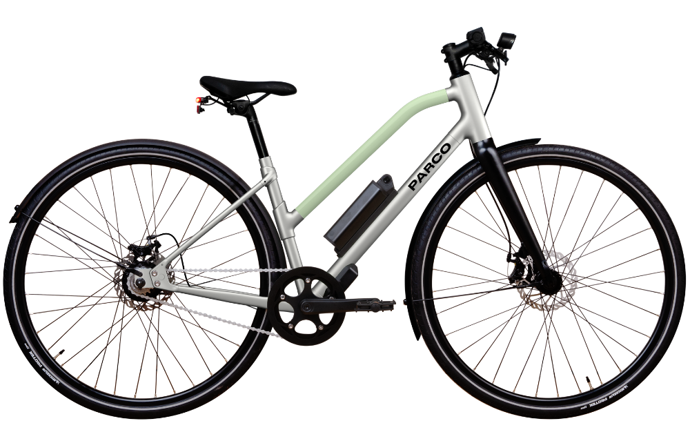 Vélo électrique Parco 006 cadre bas vert, design léger et urbain, assemblé en France